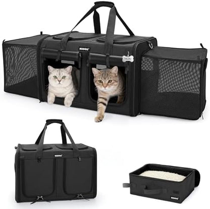 MIDOG Cat Carrier for 2 Cats, Expandable Soft Sided Pet Carrier with Litter Box, Portable Double Compartment Kennel up to 30lbs for Car Travel, Vet Visits, Moving