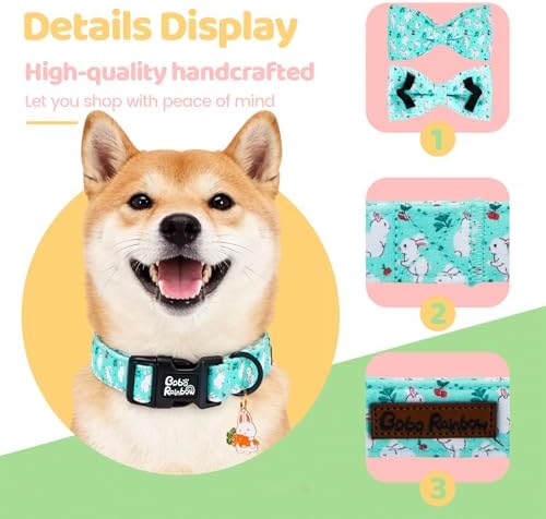 Dog Collars, Easter White Rabbit Print Blue Cotton Collar Holiday Adjustable Light Plastic Buckle Collar with Bow Pet Collar Gift for Large Dogs