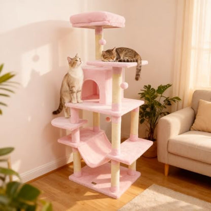 DORTALA Cat Tree for Indoor Cats, 58" Tall Cat Tower with Top Perch, Condo, Hammock, Sisal Scratching Posts, 3 Dangling Balls, Platforms, Multi-Level Pet Climbing Furniture Playground (Pink)