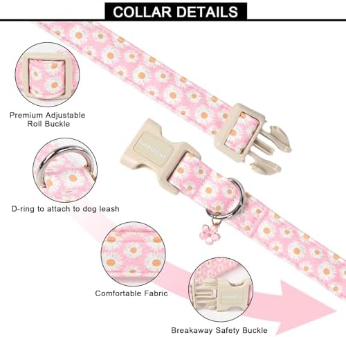 Lionet Paws Floral Dog Collar- Cute Daisy Pink Dog Collars with Plastic Buckle, Light Adjustable Dog Collars for Small Medium Dogs