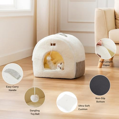 ZOMISIA 2in1 Cat Bed Cave for Indoor Cats & Small Dog, with Washable Pillow