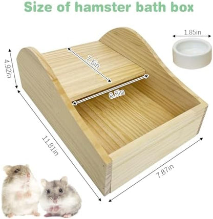 PINVNBY Hamster Sand Bath Box Wooden Shower Room Digging Sand Bathtub Container Hamster Bathroom for Dwarf Syrian Mice Mouse Gerbils with Small Bowl