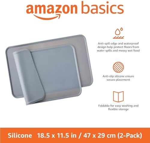 Amazon Basics Waterproof Non-Slip Silicone Pet Feeding Mat with Raised Edges, Prevents Spills, Easy to Clean, Protects Floors for Cat & Dog Food and Water Bowls, 18.5 x 11.5 Inches, Gray, 2-Pack