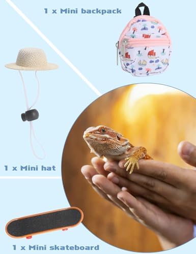 Bearded Dragon Clothes Lizard Toy - Mini hat,Skateboard,Backpack Gifts for Reptiles Pet - Cute Bearded Dragon Costume Accessories for Lizard Iguana Reptiles Small Animals (Rose Red)