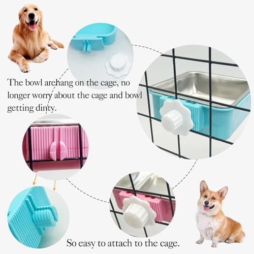 kathson Crate Dog Bowl, Removable Stainless Steel Hanging Pet Kennel Cage Bowl Food & Water Feeder Coop Cup for Puppy, Cat, Rabbit,Guinea Pigs 2pcs Large Square(Blue,Pink)