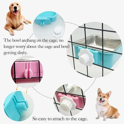 kathson Crate Dog Bowl, Removable Stainless Steel Hanging Pet Kennel Cage Bowl Food & Water Feeder Coop Cup for Puppy, Cat, Rabbit,Guinea Pigs 2pcs Large Square(Blue,Pink)