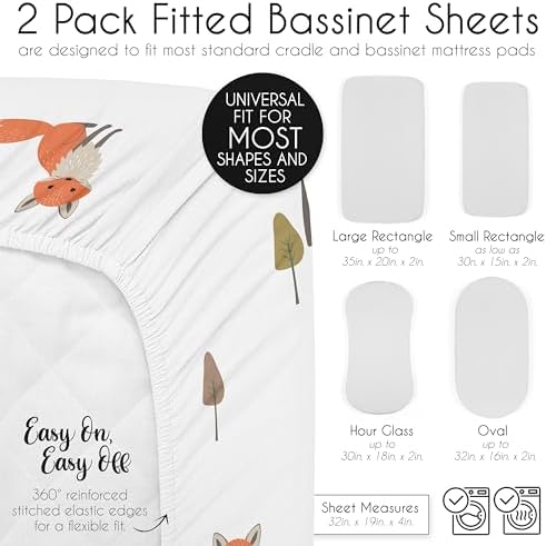 Sweet Jojo Designs 2-Piece Baby Bassinet Sheets Set (Woodland Animals) for Girls & Boys, Infant Nursery, Toddler Room - Oval Rectangle Hourglass Mattress (Solid Green & Watercolor, Forest Friend, Fox)
