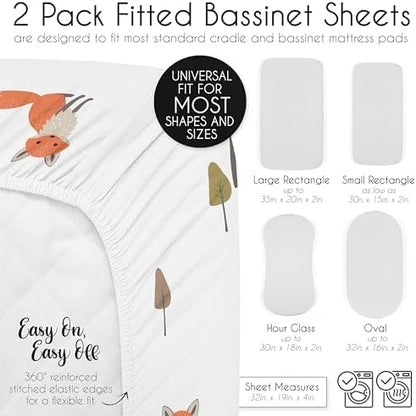 Sweet Jojo Designs 2-Piece Baby Bassinet Sheets Set (Woodland Animals) for Girls & Boys, Infant Nursery, Toddler Room - Oval Rectangle Hourglass Mattress (Solid Green & Watercolor, Forest Friend, Fox)