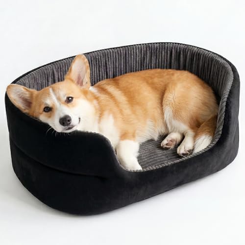 Medium Dog Bed Cat Bed 18x26 Inch, Calming Pet Bed for Dogs & Cats, Machine Washable Dog Bed，Half-Enclosed Open-Top Velvet Anti-Anxiety Bed, Cozy Snuggle Bed (Black)