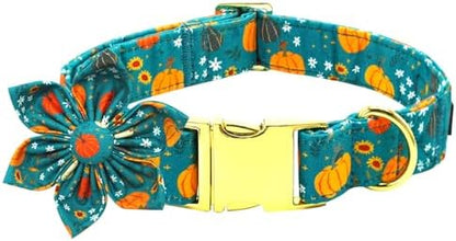 Dog Collar Autumn Green Pumpkin Print Pet Collar Fall Soft Cute Dog Collars with Flower Adjustable Metal Buckle Collar for Medium Dogs