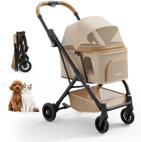 Portable Compact Dog Strollers for Small Dogs with Cup Holder - Khaki