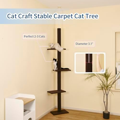 Cat Craft Cat Tree Floor to Ceiling 95-108" Tall Cat Tree Carpet Cat Tower Kitten Tree Sisal Scratching Post and Mat Cat Pole for Indoor Cats, Dark Brown, 4-Tier