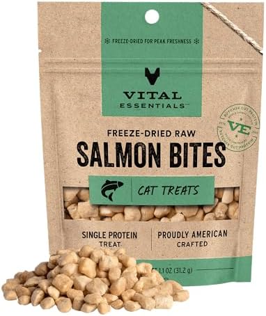 Vital Essentials Freeze Dried Cat Treats, Salmon Bites, 1.1 oz Bag