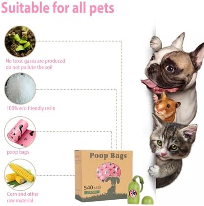 Pink Dog Poop Bags Rolls with Dispenser Leak Proof 540 Count Unscented