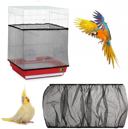 Trinkrittey Adjustable Bird Cage Seed Catcher Net Cover Elastic Band Mesh Cover Black for Parrot Cages