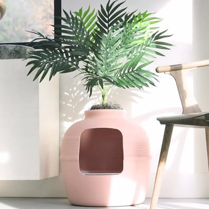 Good Pet Stuff Original Hidden Litter Box Planter, Decorative Cat Litter Enclosure with Carbon Filter, Artificial Palm Plant, Upgraded Design, Easy Clean Litter Tray, Essentials Kit, Pink Coral