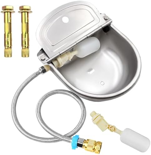 Automatic Animal Water Bowl with Float Valve, 304 Stainless Steel Livestock Water Dispenser for Dog Horse Goat Pig Cow Livestock Water Bowl Kit Includ Pipe Hose, Quick Connecter, Expansion Bolt