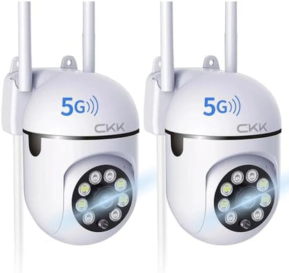 CKK 1080P Security Camera Outdoor Corded Power, 2 Pcs 2MP PTZ WiFi Home Camera (2.4G/5G Dual-Band), 360° Pan/Tilt, Color Night Vision, Motion Alerts, 2-Way Audio, Compatible with Alexa
