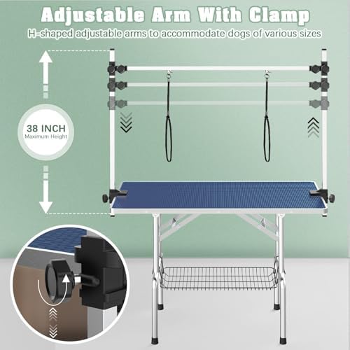 Lyromix 36'' Stainless Steel Pet Dog Grooming Table, Arm/Noose/Tray, Blue