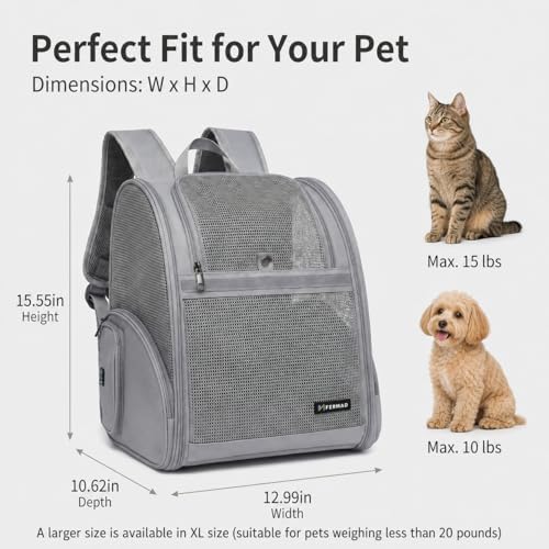 Cat Backpack Carrier for Small Dogs and Medium cat Puppy Kitten Bunny Pet Carrier Backpack Collapsible with Fully Ventilated Mesh with Safety Leash (Gray, 12.9" L x 10.62" W x 15.5" H - M)