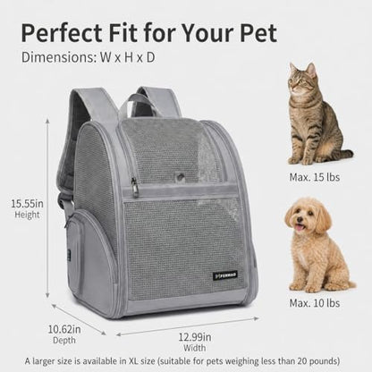 Cat Backpack Carrier for Small Dogs and Medium cat Puppy Kitten Bunny Pet Carrier Backpack Collapsible with Fully Ventilated Mesh with Safety Leash (Gray, 12.9" L x 10.62" W x 15.5" H - M)