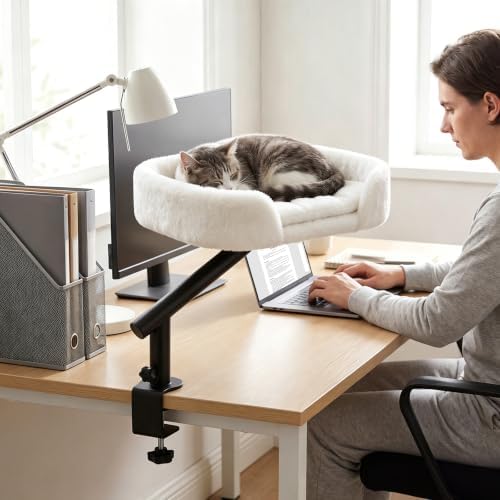 Clamp-On Desk Cat Bed, 16"x12" Cat Spacious Nest, White