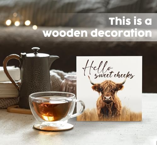 Highland Cow Bathroom Decor Sign, Hello Sweet Cheeks Wooden Box Signs, Highland Cow Gifts For Women Lovers,6x6