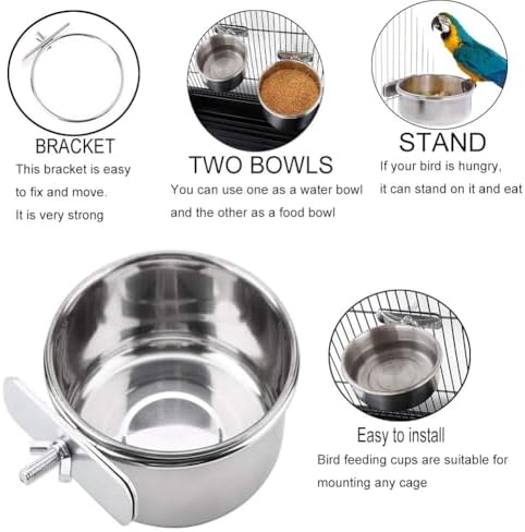 PINVNBY Parrot Feeding Cups Birds Food Dish Stainless Steel Parrot Feeders Water Cage Bowls with Clamp Holder for Cockatiel Conure Parakeet Macaw Small Animal (2PCS, Size: M)