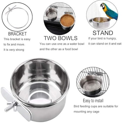 PINVNBY Parrot Feeding Cups Birds Food Dish Stainless Steel Parrot Feeders Water Cage Bowls with Clamp Holder for Cockatiel Conure Parakeet Macaw Small Animal (2PCS, Size: M)