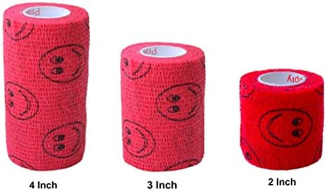 2 Pack Premium Vet Wrap - Self Adhesive Bandage Wrap & Athletic Tape- 4" x 5 Yards Elastic & Self-Sticking Cohesive Bandage for Pets, Sports, Wrists, & Ankles - Red with Smiles by Prairie Horse Supply