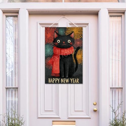 Happy New Year Garden Flag 12x18 Double Sided Vertical Linen Small Fireworks Black Cat House Flag Welcome Holiday Winter House Outdoor Outside Decorations (27173)