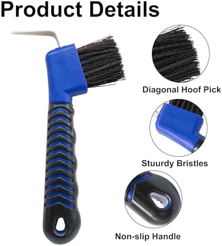 Hoof Pick Brushes, Soft Touch Rubber Handle Portable Hoofpick, Stiff Hoof Pick for Horse Care, Groomers (Blue)