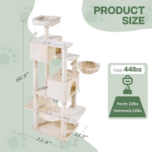 Cat Tree for Indoor Cats, 66 Inches Cat Tower with Scratching Post, Multi-Level Climbing Tree Cat House Padded Plush Perch, Cat Condo Activity Center with Pompoms, Kittens Pet Play House, Beige