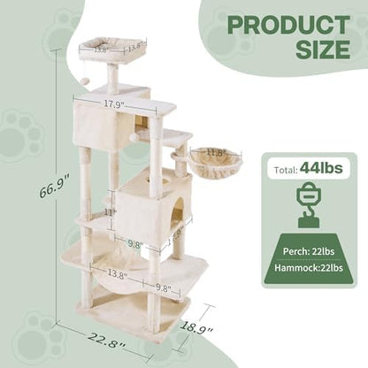 Cat Tree for Indoor Cats, 66 Inches Cat Tower with Scratching Post, Multi-Level Climbing Tree Cat House Padded Plush Perch, Cat Condo Activity Center with Pompoms, Kittens Pet Play House, Beige