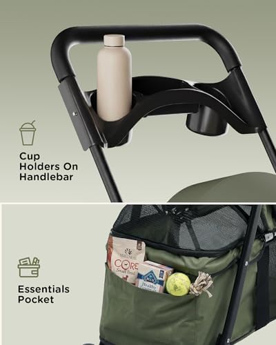 GTPLAYER Foldable Pet Stroller for Small Dogs and Cats, Hold Up to 33 lb, 4-Wheel Stroller with 2 Safety Tethers, Breathable Mesh, Lockable Front Wheels, Cup Holder/Tray & Storage Pocket, Forest Green