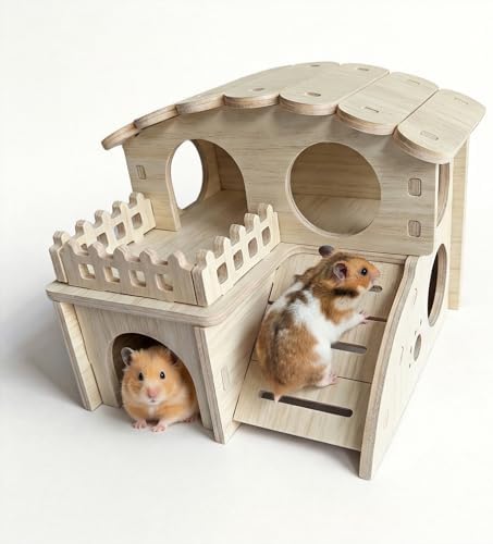 Multi-Chamber Wooden Hamster Hideout, House and Cage Accessory, Model 2