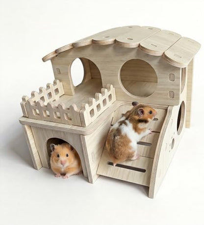 Multi-Chamber Wooden Hamster Hideout, House and Cage Accessory, Model 2