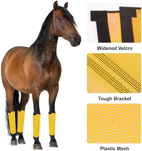 FOXLVDA Pony Fly Boots (Donkey/Mini Horse), Set of 4 - Loose Fitting Design, Breathable, Adjustable & UV Protective with Support Bars for Reduce Stomping & Leg Fatigue, 13hh-14.2hh (Yellow, Medium)