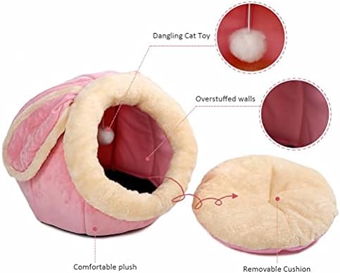 Cat Beds for Indoor Cats - Small Dog Bed with Anti-Slip Bottom, Rabbit-Shaped Cat/Small Dog Cave with Hanging Toy, Puppy Bed with Removable Cotton Pad, Super Soft Calming Pet Sofa Bed (Pink Large)