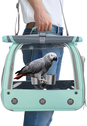 Bird Carrier Parrot Travel Cage with Perch, Food Bowl, Tray and Breathable Clear Window, Bird Travel Bag for African Gray Cockatiel Caique Conure Quaker, for Vetting Camping Hiking (Blue)