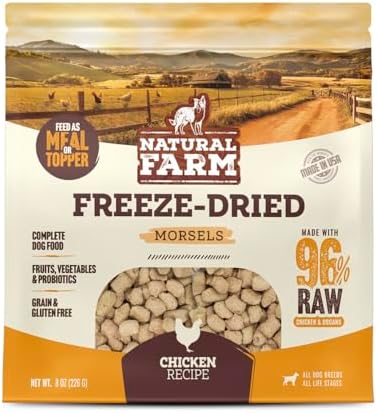 Natural Farm Freeze-Dried Chicken Morsels for Dogs – 96% Raw Chicken & Organs, Complete Meal or Food Topper, Grain-Free, Gluten-Free, Probiotics for Digestion, All Life Stages – 8oz Bag