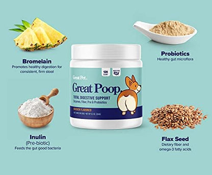 Great Poop Probiotics for Dogs - Fiber for Dogs Supplement with Dog Probiotics and Digestive Enzymes for a Healthy Gut, Firm Stool & Diarrhea Relief - Chicken Flavored Pet Soft Chews with Prebiotics