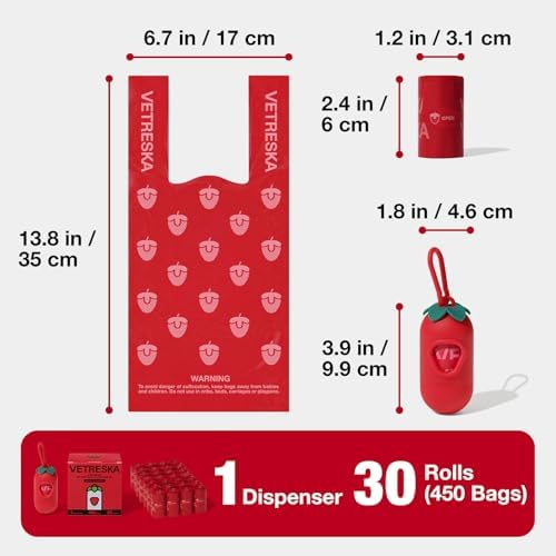 VETRESKA Dog Poop Bags with Handle 450 Count, Strawberry Scented Waste Bag