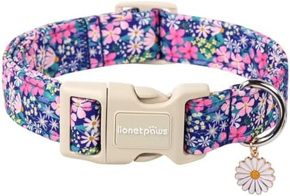 Lionet Paws Floral Dog Collar- Cute Spring Wildflowers Daisy Fleabane Dog Collars with Plastic Buckle,Light Adjustable Dog Collars for Small Dogs