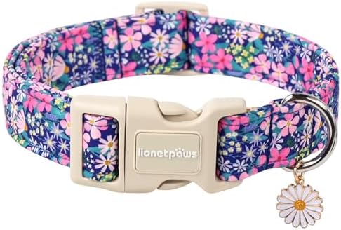 Lionet Paws Floral Dog Collar- Cute Spring Wildflowers Daisy Fleabane Dog Collars with Plastic Buckle, Light Adjustable Dog Collars for Medium Dogs