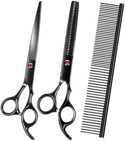 Dog Grooming Scissors Kit, Premium Stainless Steel Dog Shears with Curved Shears, Sharp Durable for Dogs Cats+Black 3 Piece