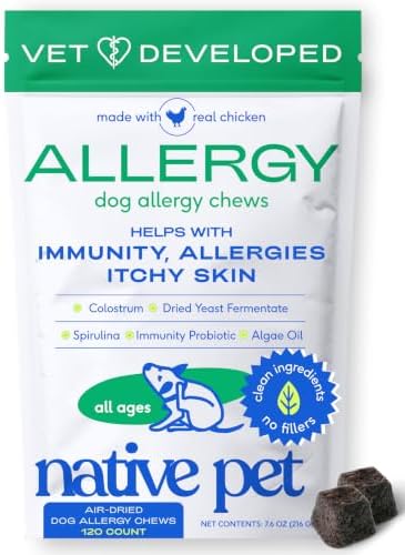 Native Pet Dog Allergy Chews for Medium Breeds - Itchy Skin and Seasonal Itch Support - Colostrum, Probiotics, Spirulina - 120 Chews