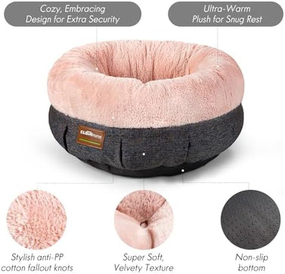 ClevaHome Calming Soft Plush Donut Cat Bed, Fluffy Round Cat Bed for Indoor Cats, Washable Kitten Bed with Plush Faux Fur, Anti-Slip Bottom, Blush Pink