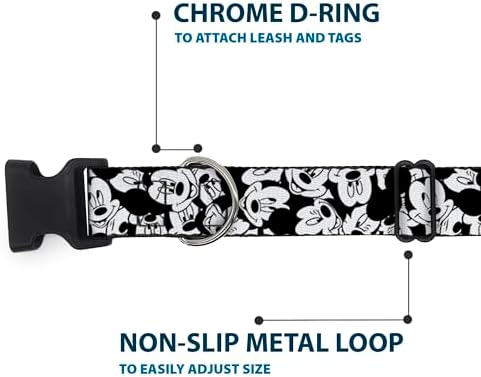 Buckle-Down Plastic Clip Collar - Mickey Mouse Expressions Stacked White/Black - 1.5" Wide - Fits 16-23" Neck - Medium