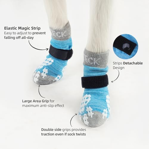 PUPTECK Anti-Slip Dog Socks with Double Sides Grips for Small Medium Large Dogs Hardwood Floors Prevents Licking, Dog Shoes for Hot Pavement Traction Control Paw Protector for Senior Dogs, Blue M